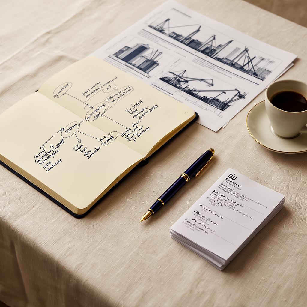 Cuaderno con esquema operacional, planos industriales y pluma sobre mesa de trabajo